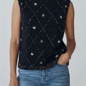 *Vintage 60's Marchessa FloralBeaded Sequin Sleeveless Sweater Womens 38 Black